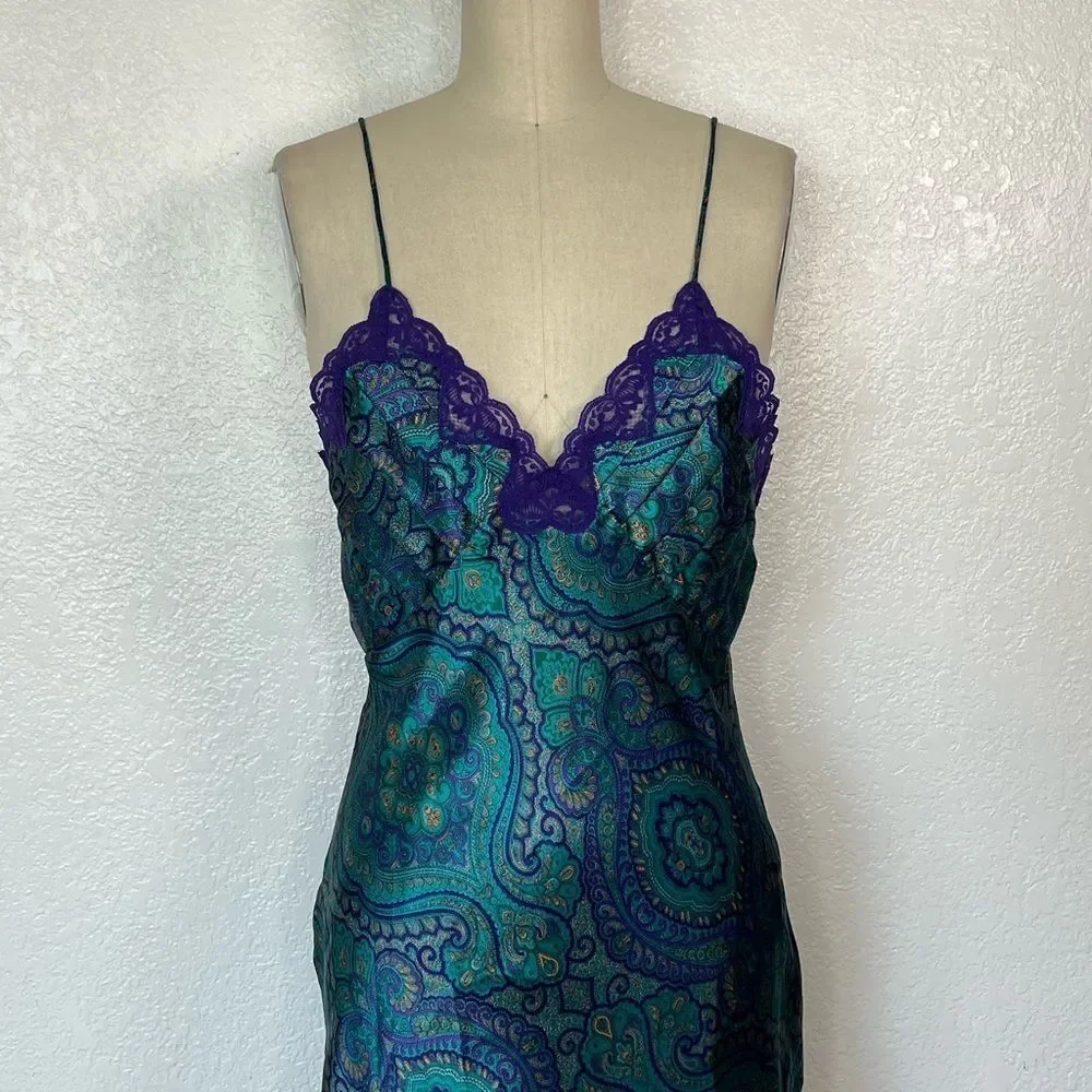 Vintage gold label VS Victorias Secret teal paisley lace Y2K mini slip dress S